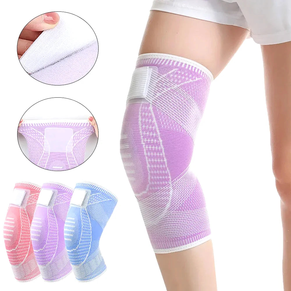 Various colors of knee compression sleeves shown with close-ups of the fabric and different styles