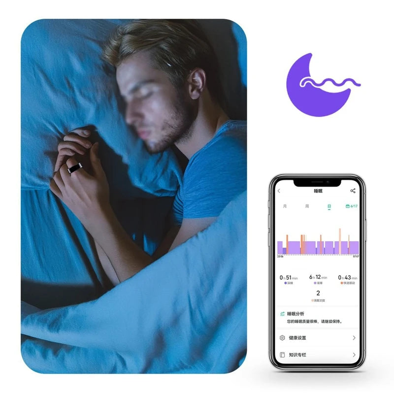 A man is sleeping while a smart health ring fitness tracker displays data on a smartphone screen.