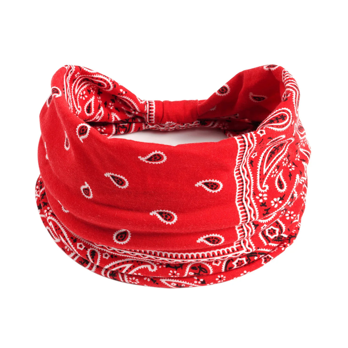 Rotes, gemustertes Baumwoll-Yoga-Headband mit breiten Rändern.