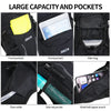Close-up views of a black hydration backpack showing various pockets including front pockets, main bag, pipe outlet, side net