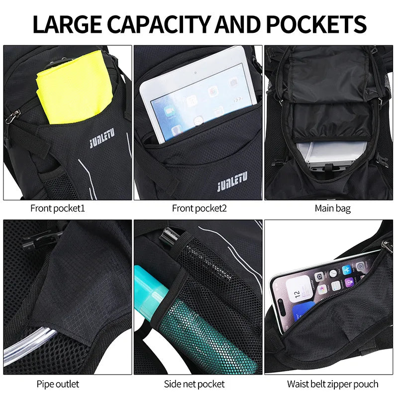 Close-up views of a black hydration backpack showing various pockets including front pockets, main bag, pipe outlet, side net