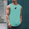 A muscular man wearing a light mint green sleeveless sports tank top with a black stripe logo.