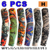 Six pairs of black and colorful arm warmers displayed next to an orange label.
