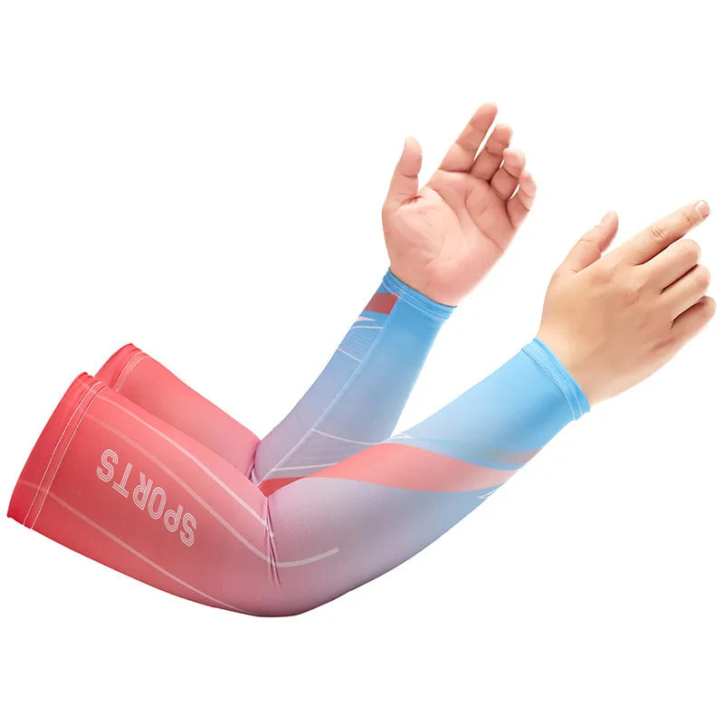 A person's arm wearing a pink and purple sports compression sleeve for cycling or athletic activity.