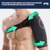 A black compression shoulder support brace is wrapped around a person's shoulder joint for protection and stability.