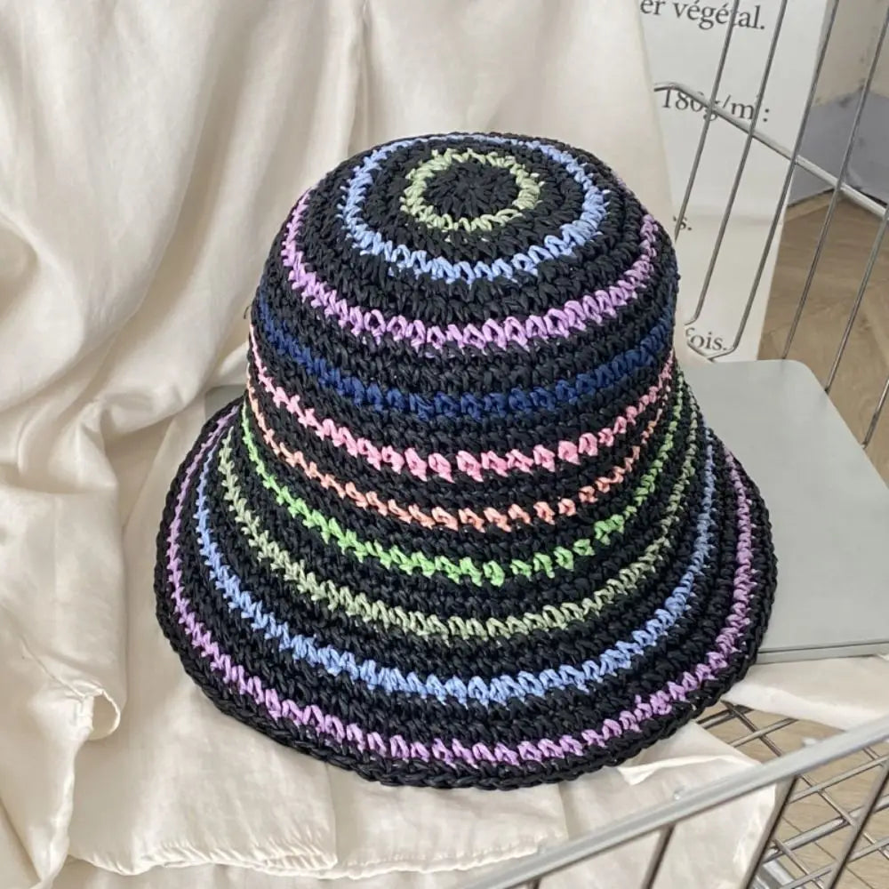 Handwoven Rainbow Stripe Straw Sun Hat with Wide Brim
