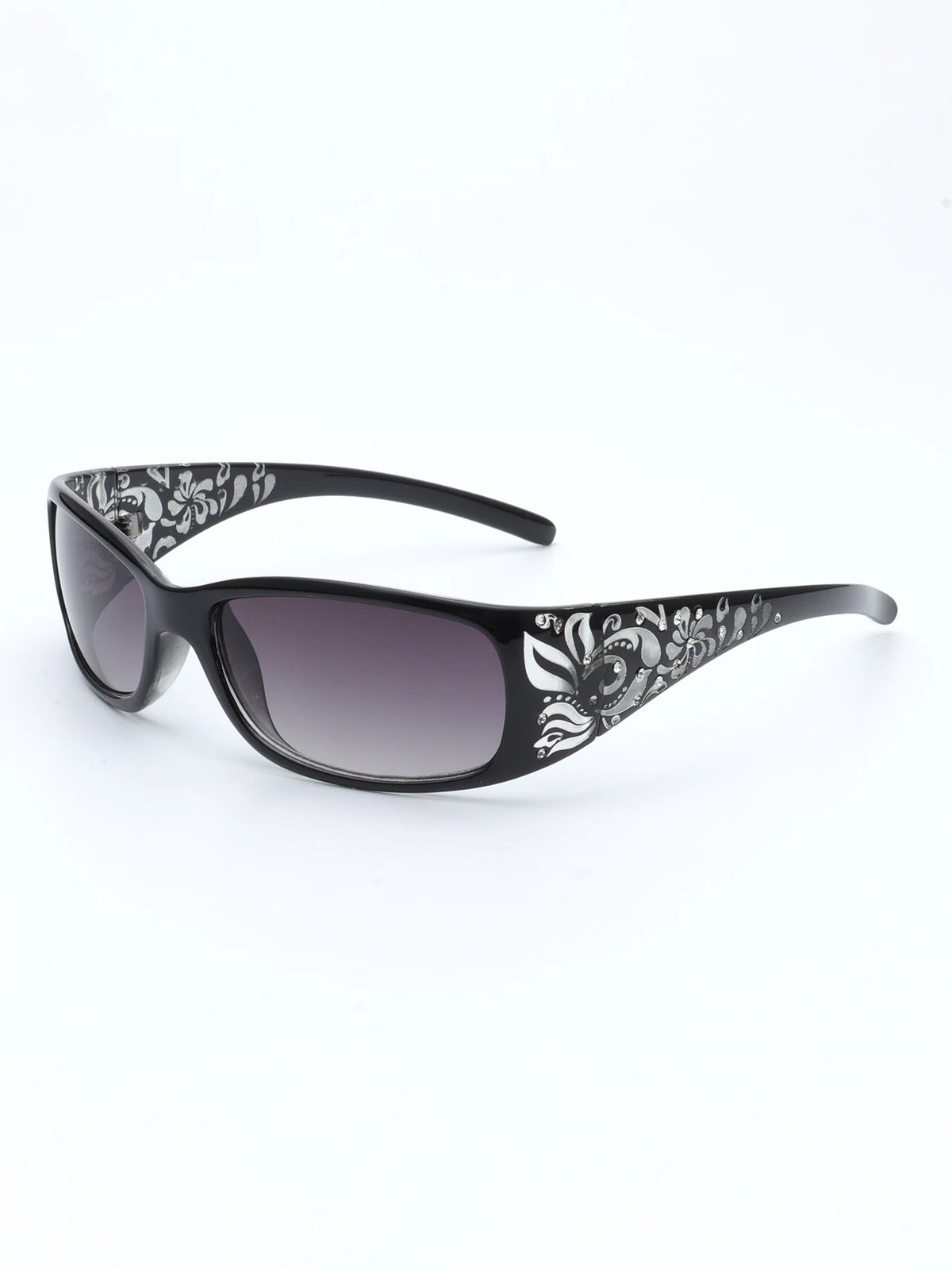 Gafas negras con marco cuadrado y estampado floral blanco.