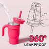 A pink stainless steel travel mug with a lid is shown being poured from, emphasizing its leakproof design.