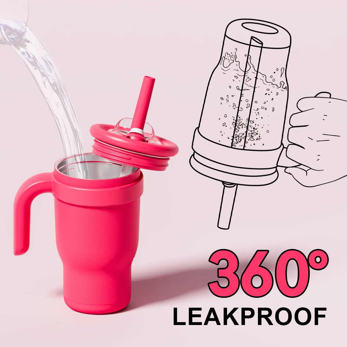 A pink stainless steel travel mug with a lid is shown being poured from, emphasizing its leakproof design.