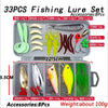 A set of fishing lures and accessories in a clear plastic box, including various hooks, lures, and tools.