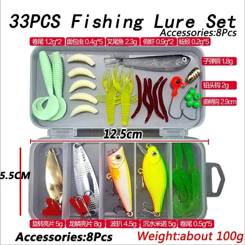 A set of fishing lures and accessories in a clear plastic box, including various hooks, lures, and tools.