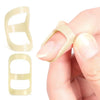 A hand is holding a beige ergonomic finger splint for joint support, showing different sizes and application.