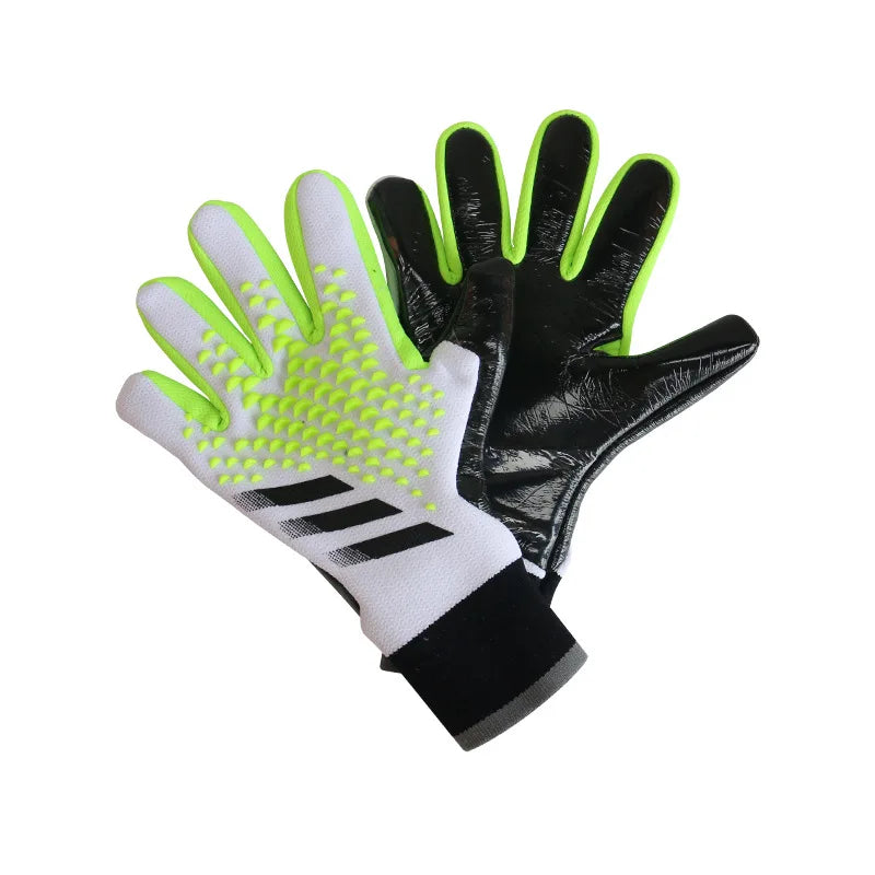 A pair of black and neon green goalkeeper gloves for soccer, showing the palm side.
