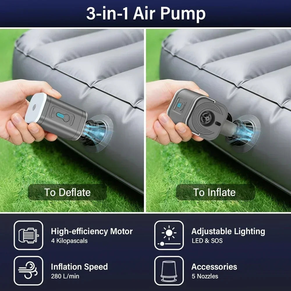 3-in-1 Luftpumpe-Gerät, das ein Kissen entlüftet und aufblässt, mit effizientem Motor und einstellbarer Beleuchtung