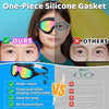 One-piece silicone gasket swim goggles for kids showing features like wider vision and no raccoon eyes