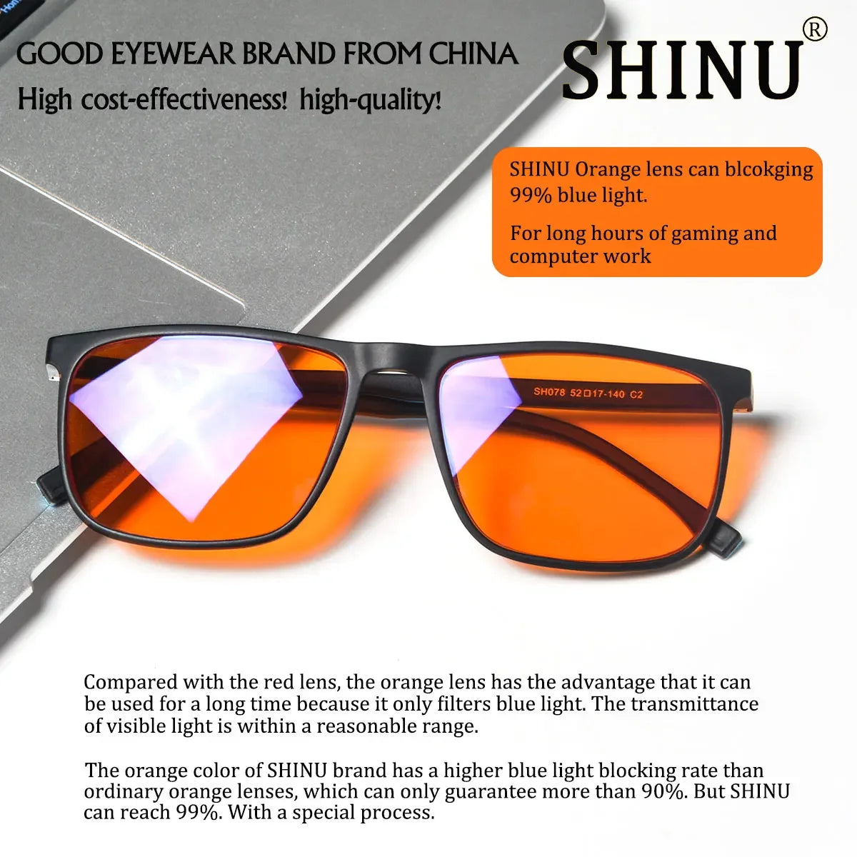 Orange lens blue light blocking glasses shown on a surface for computer work