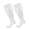 A pair of white compression socks shown from the side.