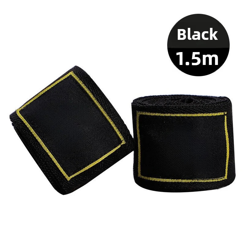 A pair of black professional PU leather boxing gloves, one flat and one rolled.