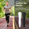 A man running on a track wearing black compression leg sleeves, with white and black versions shown separately.