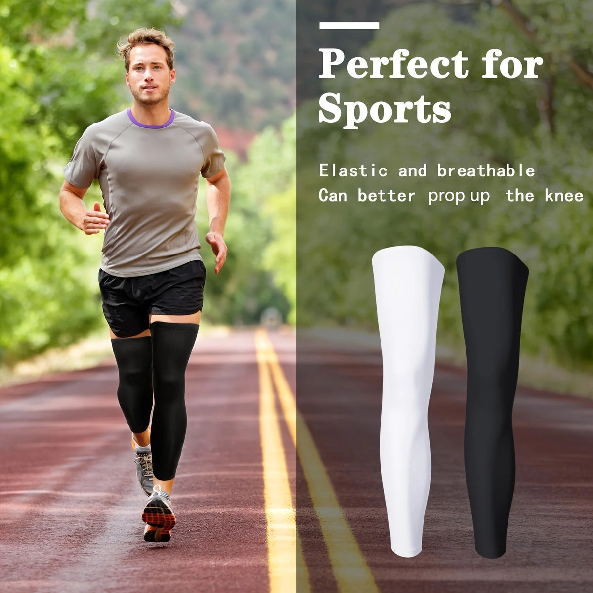 A man running on a track wearing black compression leg sleeves, with white and black versions shown separately.