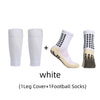 A set of white anti-slip football socks including one leg cover and one pair of football socks.