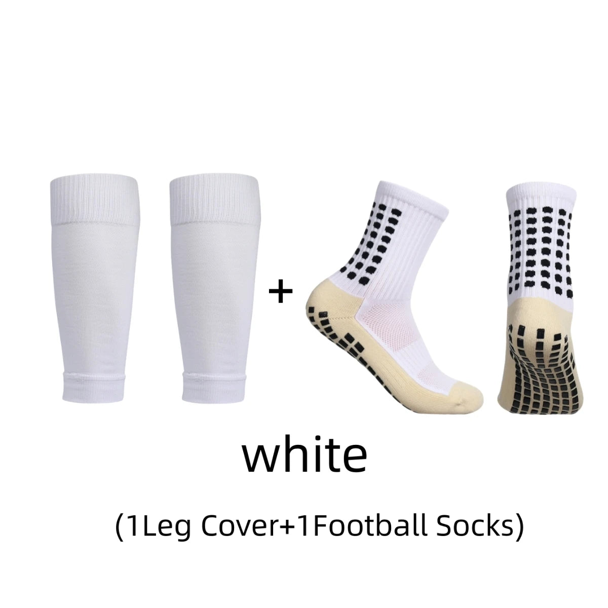 A set of white anti-slip football socks including one leg cover and one pair of football socks.