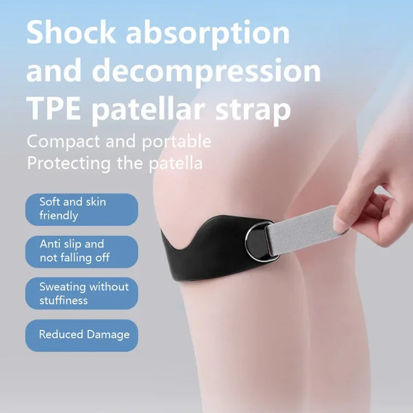 Une main applique une attelle en TPE noire sur le genou d'une personne pour l'absorption des chocs et la décompression.
