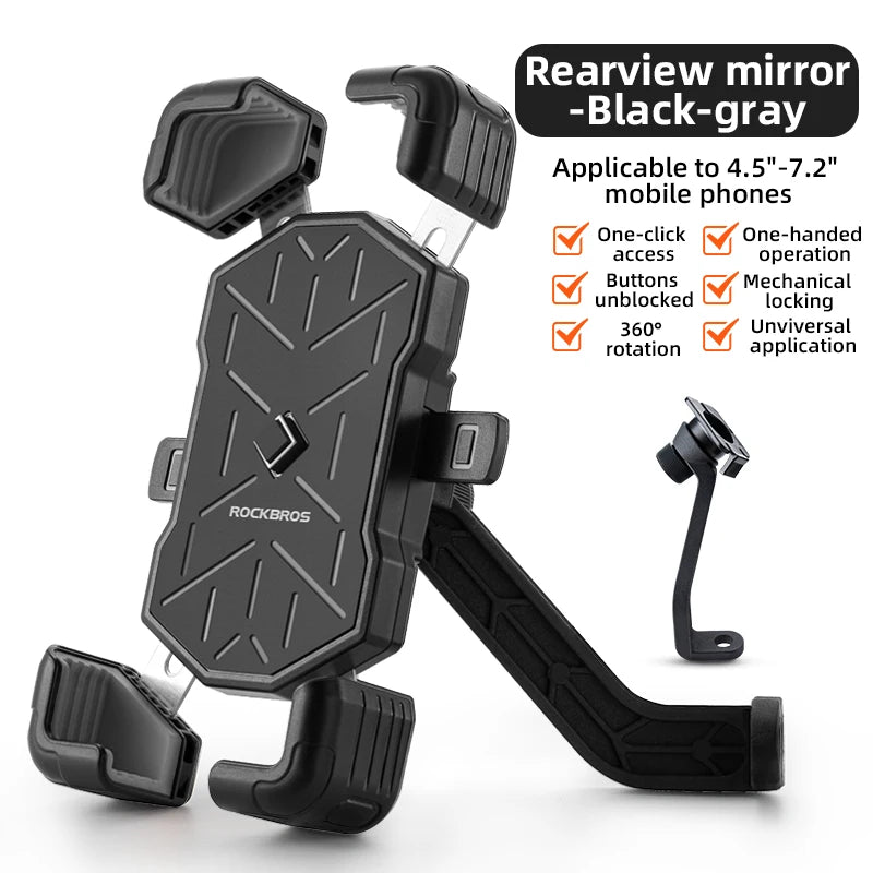 Support de rétroviseur noir pour téléphones mobiles, avec pince et bras flexible.