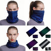 A collection of royal blue, dark green, and purple seamless fabric headbands and balaclavas shown on a model.