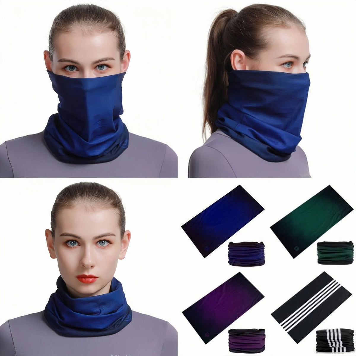 A collection of royal blue, dark green, and purple seamless fabric headbands and balaclavas shown on a model.