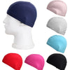 A collection of various colored ultra-thin nylon swimming caps shown on a mannequin head.