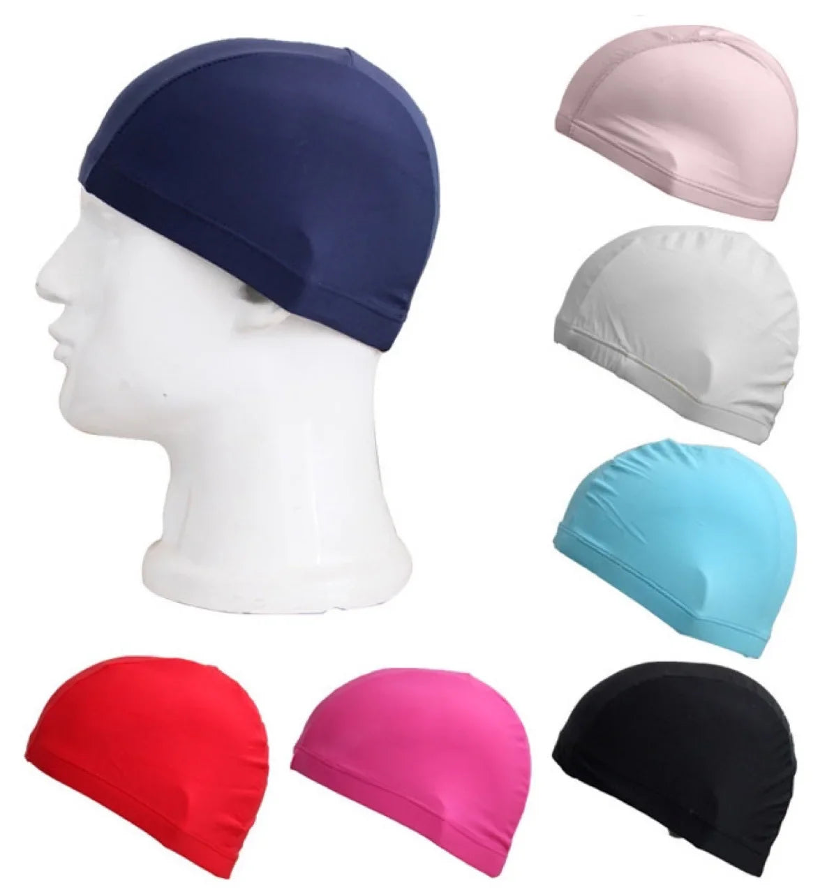 A collection of various colored ultra-thin nylon swimming caps shown on a mannequin head.