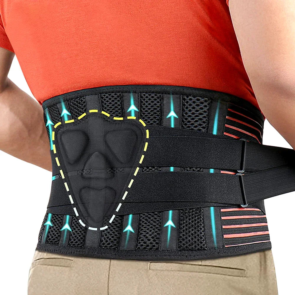 Black orthopedic lumbar support belt with vertical blue and orange stays worn by a person.