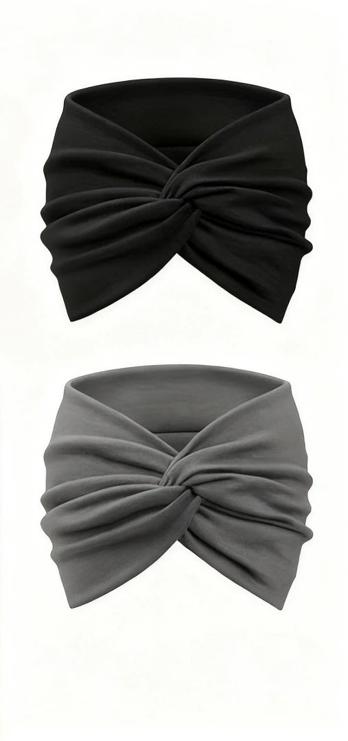 A black adjustable sports headband tied in a knot, shown from the side.