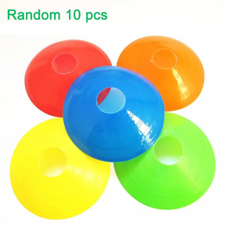 A set of 10 random colored soccer training discs including red, orange, blue, and green.