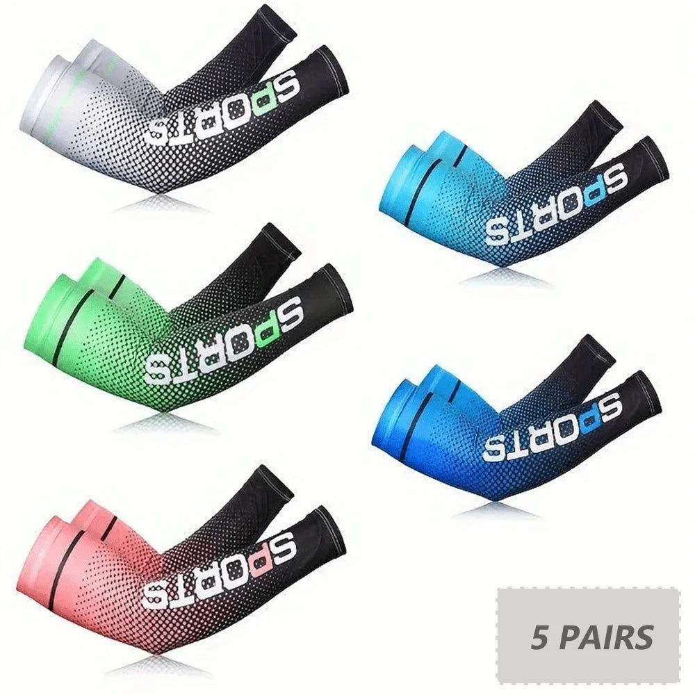 Five pairs of bright colored sports arm cooling sleeves for outdoor activities
