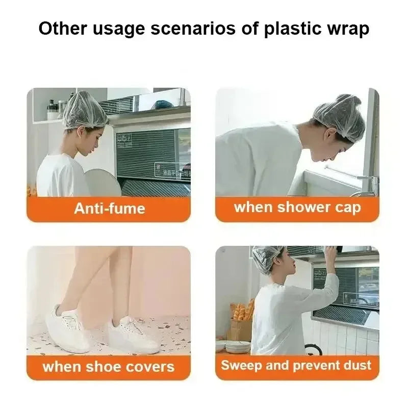 Diferentes usos de plástico desechable transparente, como protección anti-humo, gorros de ducha y cubiertas para zapatos.