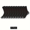 A pack of ten pairs of black men's outdoor gym football socks laid out in a row.