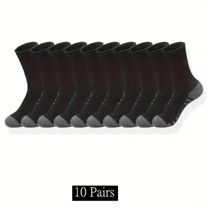 A pack of ten pairs of black men's outdoor gym football socks laid out in a row.