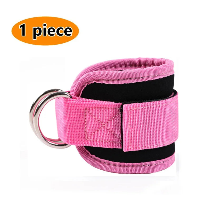 One piece of pink and black adjustable neoprene ankle straps for leg training.