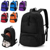 A black multi-sport fitness backpack shown with various colored options and an interior shoe pocket.