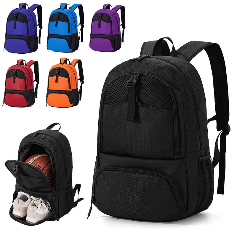 A black multi-sport fitness backpack shown with various colored options and an interior shoe pocket.