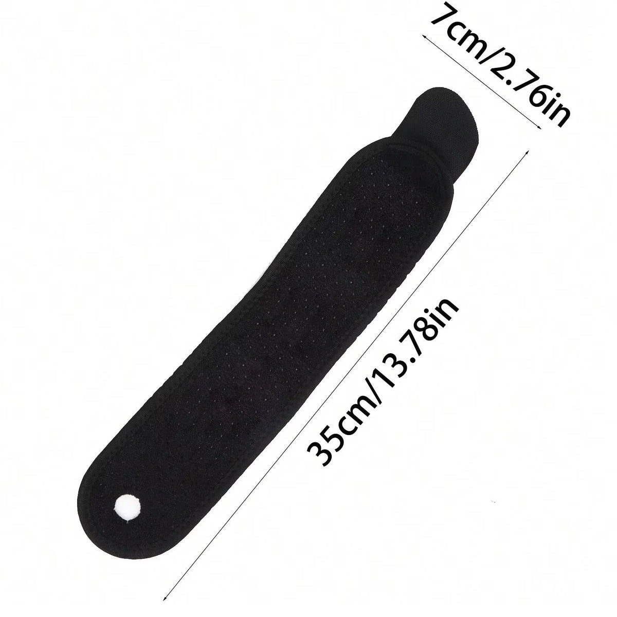 Black adjustable wrist support brace with a textured grip and marked dimensions.