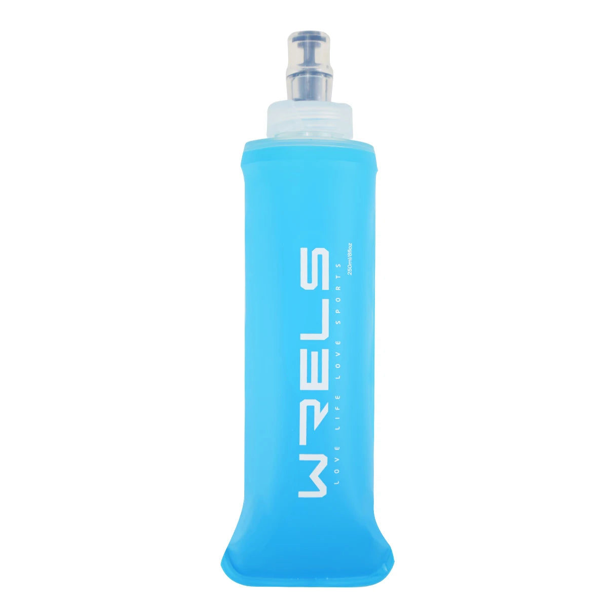 A tall, light blue silicone water bottle with a screw cap and a label reading WELS LOVE LIFE SPORTS.