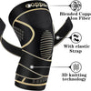 Black copper knee brace featuring blended copper ion fiber, elastic strap, and 3D knitting technology.