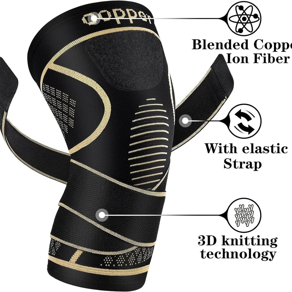 Black copper knee brace featuring blended copper ion fiber, elastic strap, and 3D knitting technology.
