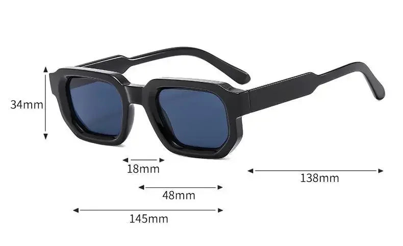 Black classic rectangle sunglasses with dark blue lenses and black frames