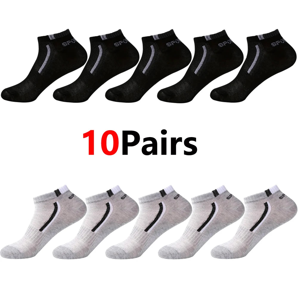 A set of 10 pairs of black mesh ankle socks and 5 pairs of gray mesh ankle socks.