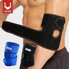 Schwarzer Ellbogen-Kompressionssleeve an einem Arm, mit einer separat gezeigten blauen Silikonsleeve.