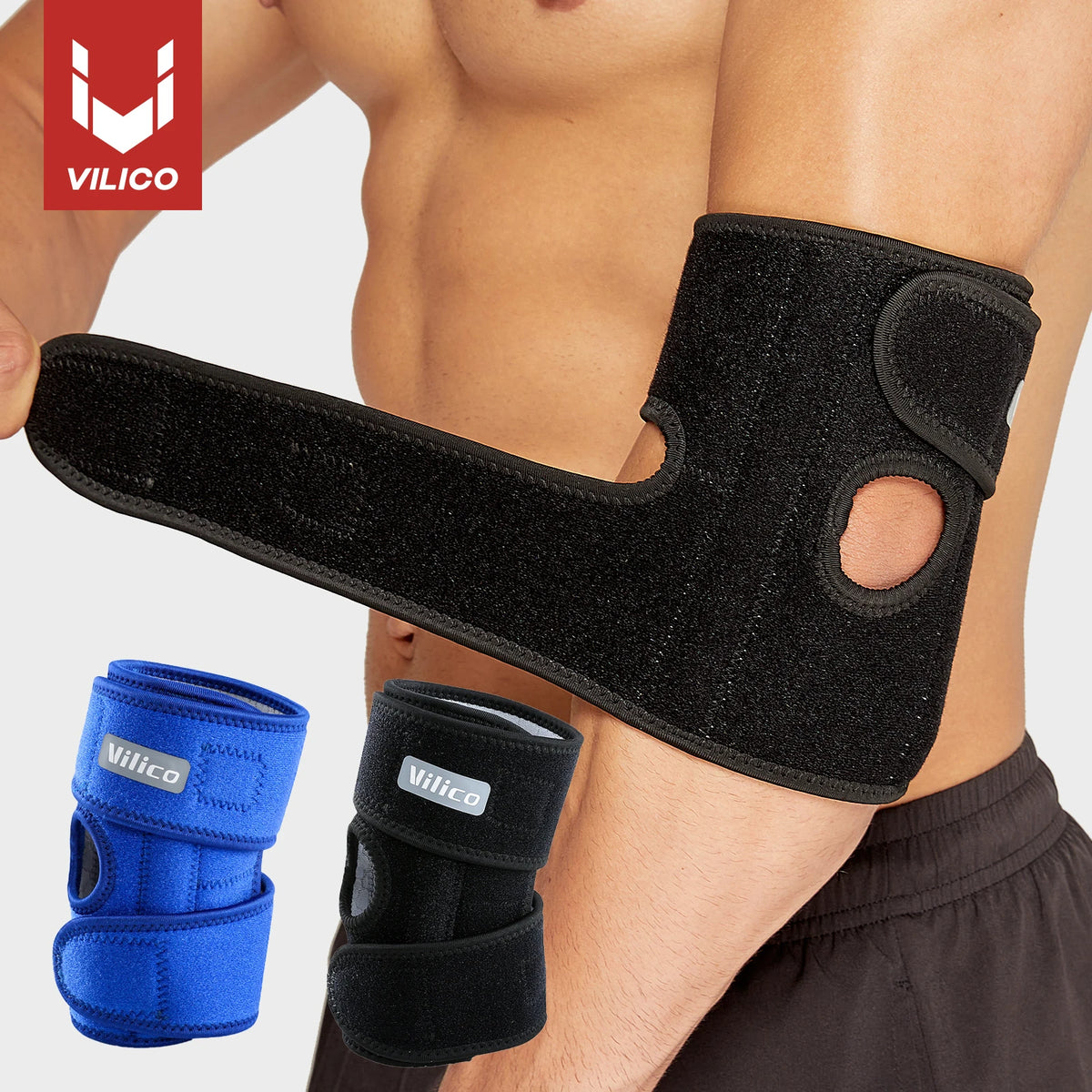 Schwarzer Ellbogen-Kompressionssleeve an einem Arm, mit einer separat gezeigten blauen Silikonsleeve.